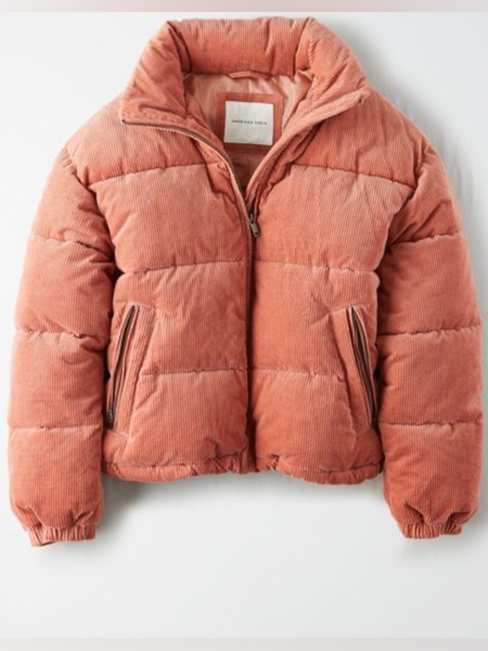 American Eagle Pink Corduroy Puffer Jacket Packable Hood Size Large